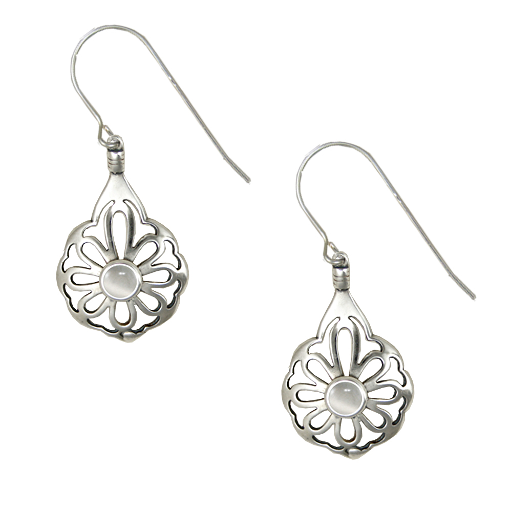 Sterling Silver Drop Dangle Flower Earrings With White Moonstone